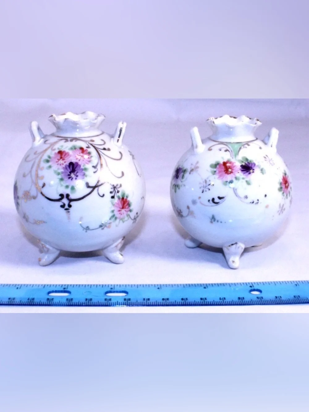 Set of 2 Floral Porcelain Bud Vases - White with Pink & Purple Flowers Gold Trim